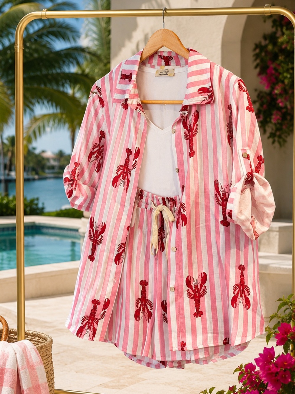 Made in Italy Pink & White Striped Lobster Print Shirt and Shorts Set OS
